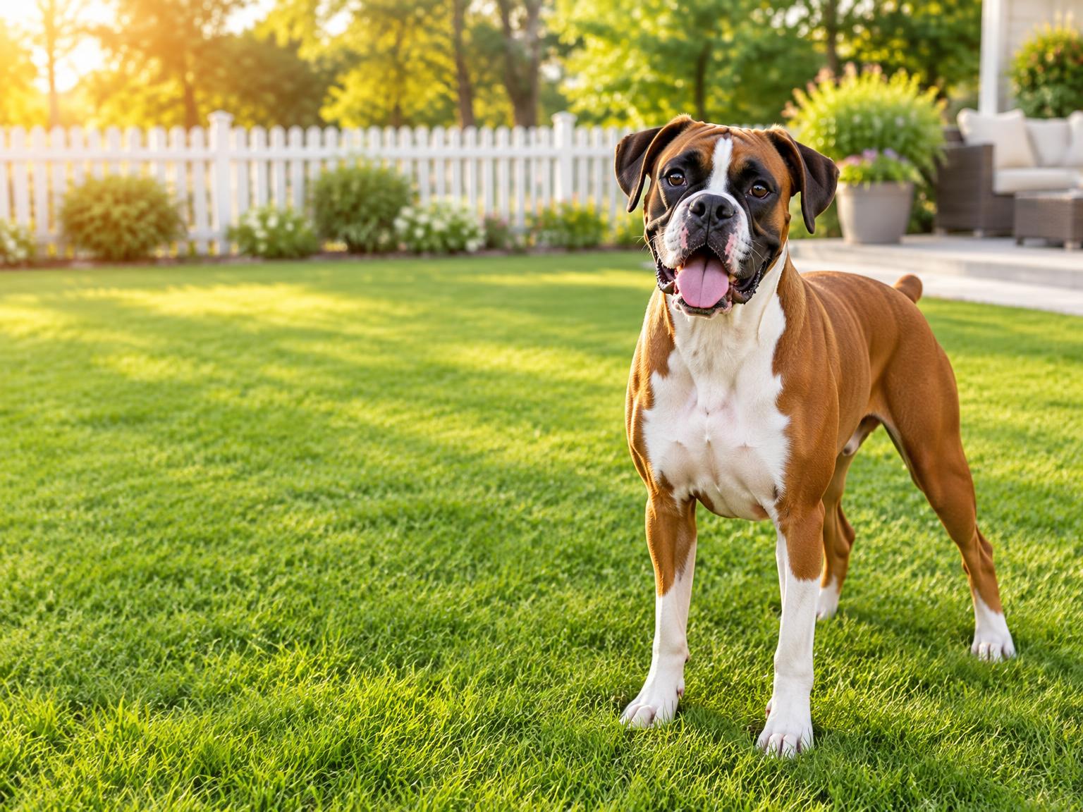 Happy boxer dog standing on a freshly mowed, clean green lawn